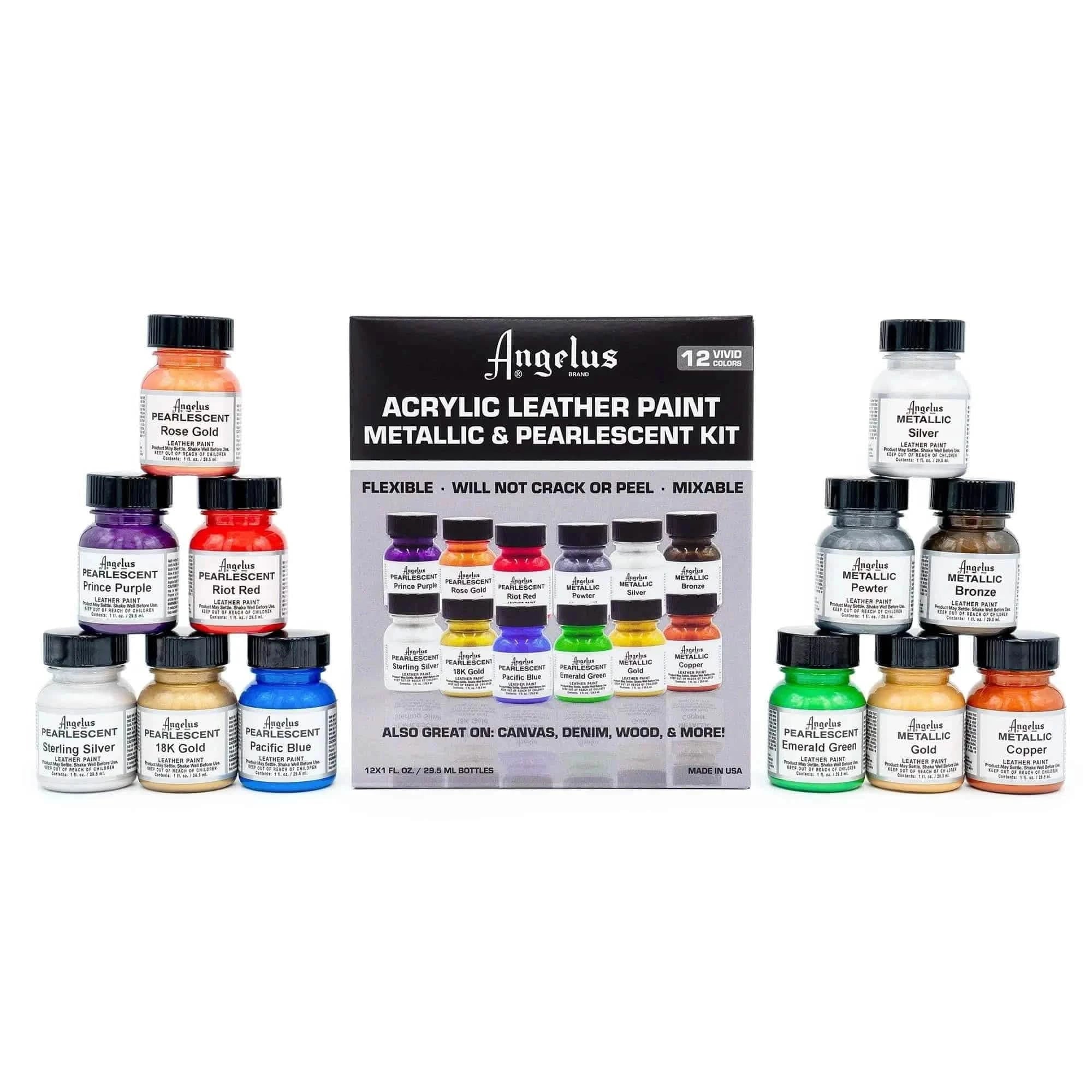 Angelus Pearlescent and Metallic Paint Kit | 12 Colors 1 oz. Bottles